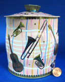 Tea Tin Pink Musical Instruments Stripes Retro England 1940s Biscuits Cookies
