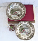 Johnson Brothers Friendly Village Square Cereal Bowls Pair Soup Covered Bridge English 1950s