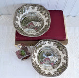 Johnson Brothers Friendly Village Square Cereal Bowls Pair Soup Covered Bridge English 1950s