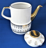 Gibson Teapot Retro White Gold Filigree England 1950s Tall Reeded