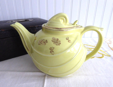 Retro Hall Teapot Canary Gold Label Parade Hook Yellow With Gold Oak Leaves 1950s