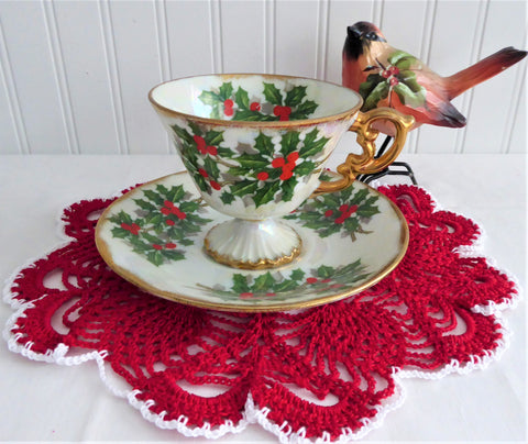 Holly Cup And Saucer Japanese Luster December 1950s Norcrest Vintage Christmas