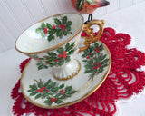 Holly Cup And Saucer Japanese Luster December 1950s Norcrest Vintage Christmas