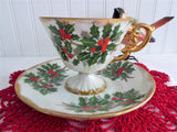 Holly Cup And Saucer Japanese Luster December 1950s Norcrest Vintage Christmas