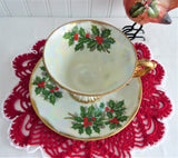Holly Cup And Saucer Japanese Luster December 1950s Norcrest Vintage Christmas