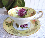 Yellow Luster Cup And Saucer Three Feet Pink Rose Gold Overlay 1950s