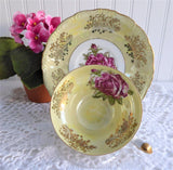 Yellow Luster Cup And Saucer Three Feet Pink Rose Gold Overlay 1950s