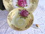 Yellow Luster Cup And Saucer Three Feet Pink Rose Gold Overlay 1950s