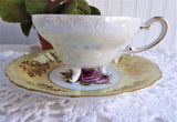 Yellow Luster Cup And Saucer Three Feet Pink Rose Gold Overlay 1950s