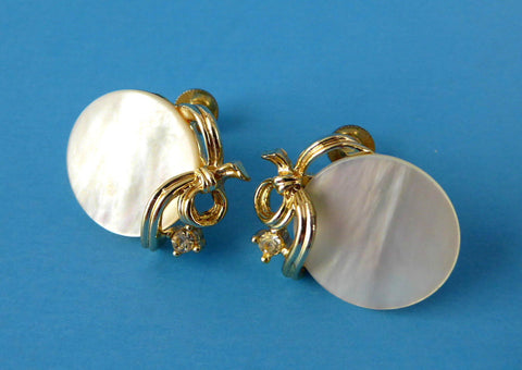 Lisner Earrings 1950s Mother of Pearl Discs Gold Bow Rhinestone Screw Backs