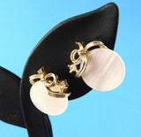 Lisner Earrings 1950s Mother of Pearl Discs Gold Bow Rhinestone Screw Backs