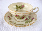 Fancy Cup And Saucer Moss Rose Norcrest Demi Teacup 1950s Hand Painted Gold