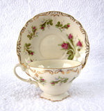 Fancy Cup And Saucer Moss Rose Norcrest Demi Teacup 1950s Hand Painted Gold