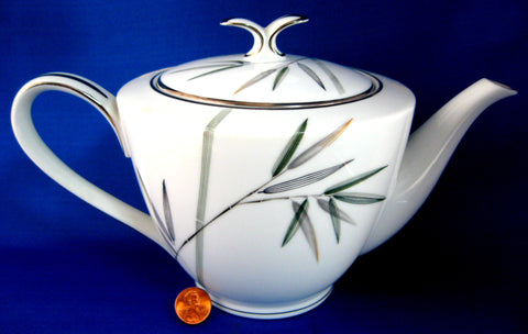 Teapot Noritake Bambina Platinum Bamboo Large Mid Century Modern Shape 1950s