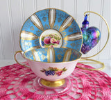 Fancy Cup And Saucer Paragon French Blue Gold Fruit Queen Elizabeth Warrant 1960s