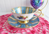 Fancy Cup And Saucer Paragon French Blue Gold Fruit Queen Elizabeth Warrant 1960s