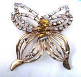 Rhinestone Butterfly Necklace Convertible Pin Pendant Phyllis Amber Filigree 50s