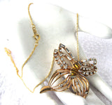 Rhinestone Butterfly Necklace Convertible Pin Pendant Phyllis Amber Filigree 50s