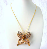 Rhinestone Butterfly Necklace Convertible Pin Pendant Phyllis Amber Filigree 50s