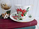 Christmas Noel Cup And Saucer Queen Anne Poinsettia Pine Holly 1950s