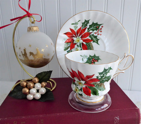 Christmas Noel Cup And Saucer Queen Anne Poinsettia Pine Holly 1950s