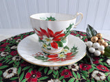 Christmas Noel Cup And Saucer Queen Anne Poinsettia Pine Holly 1950s