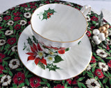 Christmas Noel Cup And Saucer Queen Anne Poinsettia Pine Holly 1950s