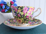 Black Floral Chintz Cup And Saucer Rosina 1950s Flowers On Black English Bone China
