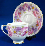 Roslyn Ambleside Cup And Saucer Pink Poppies Daisies 1950s English Bone China