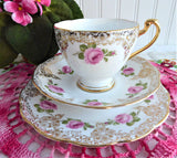 Roslyn Pink Rose Cup And Saucer With Plate Gold Filigree Overlay 1950s English Bone China