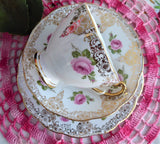 Roslyn Pink Rose Cup And Saucer With Plate Gold Filigree Overlay 1950s English Bone China