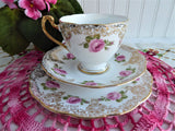 Roslyn Pink Rose Cup And Saucer With Plate Gold Filigree Overlay 1950s English Bone China