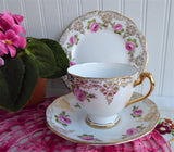 Roslyn Pink Rose Cup And Saucer With Plate Gold Filigree Overlay 1950s English Bone China