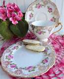 Roslyn Pink Rose Cup And Saucer With Plate Gold Filigree Overlay 1950s English Bone China