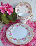 Roslyn Pink Rose Cup And Saucer With Plate Gold Filigree Overlay 1950s English Bone China