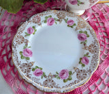 Roslyn Pink Rose Cup And Saucer With Plate Gold Filigree Overlay 1950s English Bone China