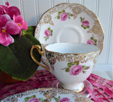 Roslyn Pink Rose Cup And Saucer With Plate Gold Filigree Overlay 1950s English Bone China