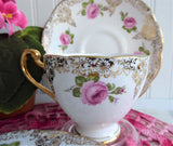 Roslyn Pink Rose Cup And Saucer With Plate Gold Filigree Overlay 1950s English Bone China