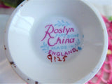 Roslyn Pink Rose Cup And Saucer With Plate Gold Filigree Overlay 1950s English Bone China