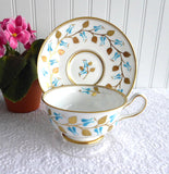 Cup And Saucer Royal Chelsea All Hand Painted Gold Leaves Aqua England 1950s