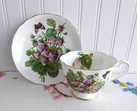 Fruit Cup And Saucer Royal Chelsea Pears Strawberries England 1960s Butterflies