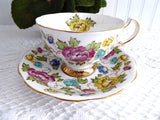 Colorful Floral Cup And Saucer Hand Colored 1950s Royal Tudor Brown Transferware