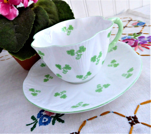 Shelley Dainty Shamrock Cup And Saucer 1960s English Bone China Green Trim