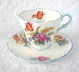 Shelley Davies Tulip Demitasse Cup And Saucer Henley Shape Blue Trim