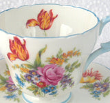 Shelley Davies Tulip Demitasse Cup And Saucer Henley Shape Blue Trim