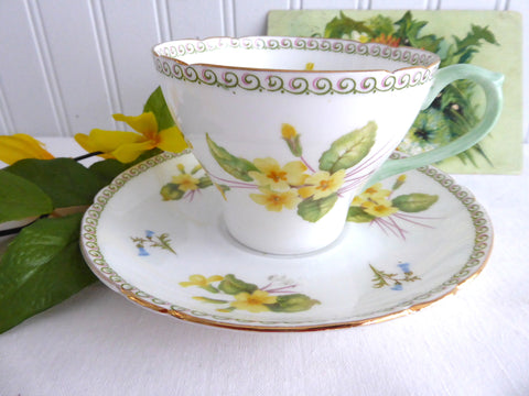 Shelley Cup And Saucer Primrose Cambridge Shape Green Handle Gold Trim 1950s
