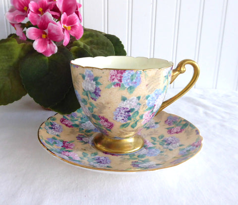 Shelley Summer Glory Chintz Ripon Cup and Saucer Ivory Hydrangeas