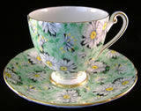 Shelley Cup and Saucer Green Daisy Chintz Ripon Shape England Teacups