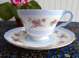 Shelley Pink Rose Cup And Saucer Henley Shape Blue Stripes Gold Trim