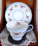 Shelley Pink Rose Cup And Saucer Henley Shape Blue Stripes Gold Trim